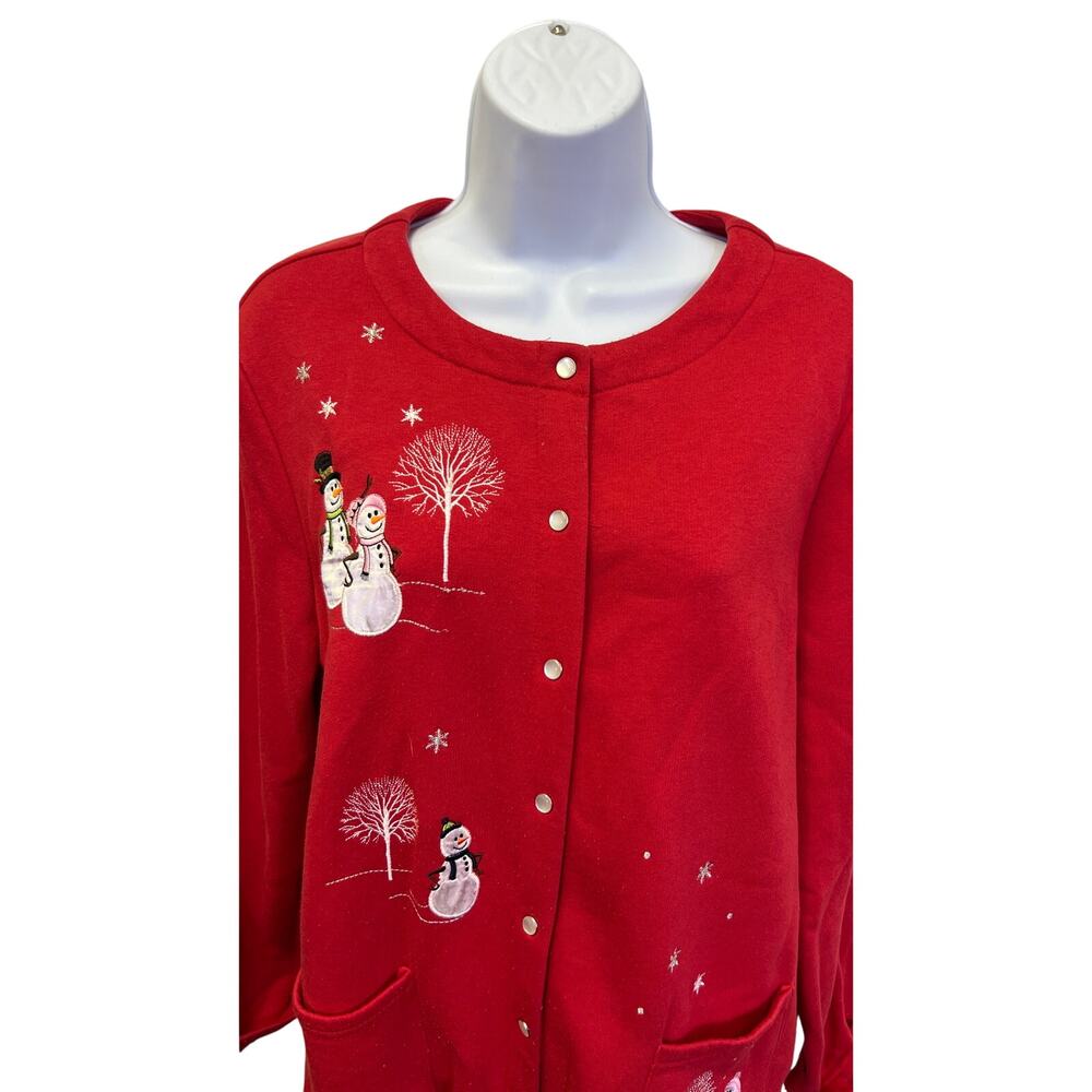 🎄 Breckenridge US XL Womens Red Holiday Snowman Cardigan Snap Front Jacket - Picture 2 of 3